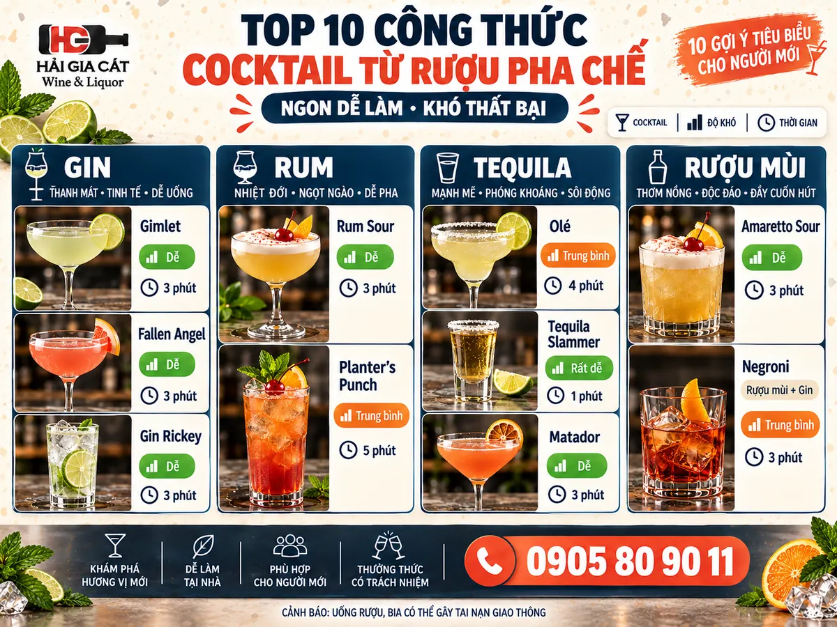 Top 10 Công Thức Cocktail Từ Rượu Pha Chế Ngon Bất Bại
