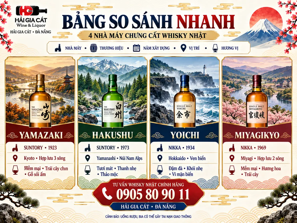 Nhà Máy Chưng Cất Whisky Nhật Nổi Tiếng: Yamazaki, Hakushu, Yoichi, Miyagikyo Khác Nhau Thế Nào?