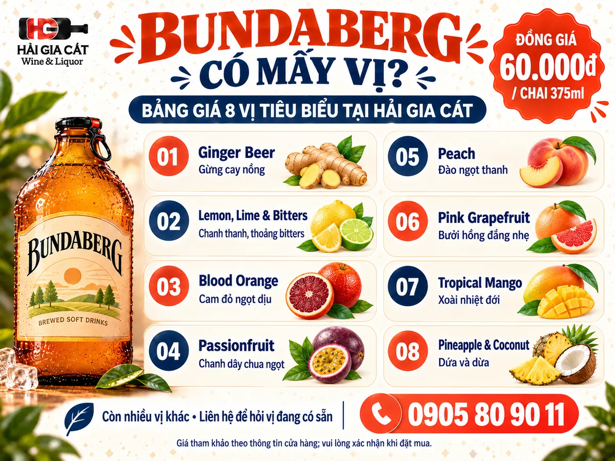 Nước trái cây có Ga (Úc) Bundaberg có mấy vị? Bảng giá tại Hải Gia Cát